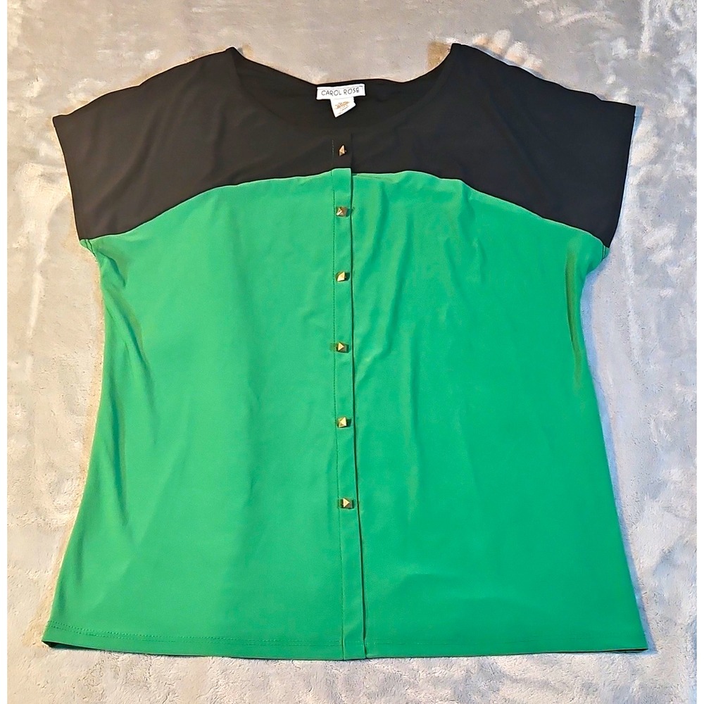 Carol Rose Women's Green/Black Colorblock Button Front Knit Cap Sleeve Top XL